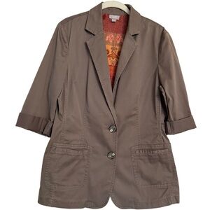 J Jill Stretch Cotton Two Button Blazer Jacket Khaki Green Size S Scarf Interior